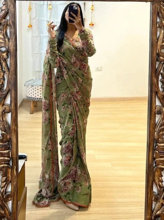 Captivating 1-Minute Ready To Wear Green Floral Digital Printed Georgette Saree
